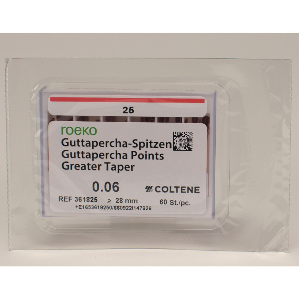 Pointes de gutta-percha taille Taper 6/25, 60 pièces
