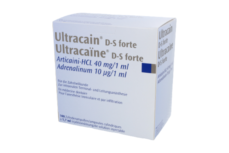 Ultracain DS forte >CH, boîte de 100 ampoules cylindriques de 1,7 ml